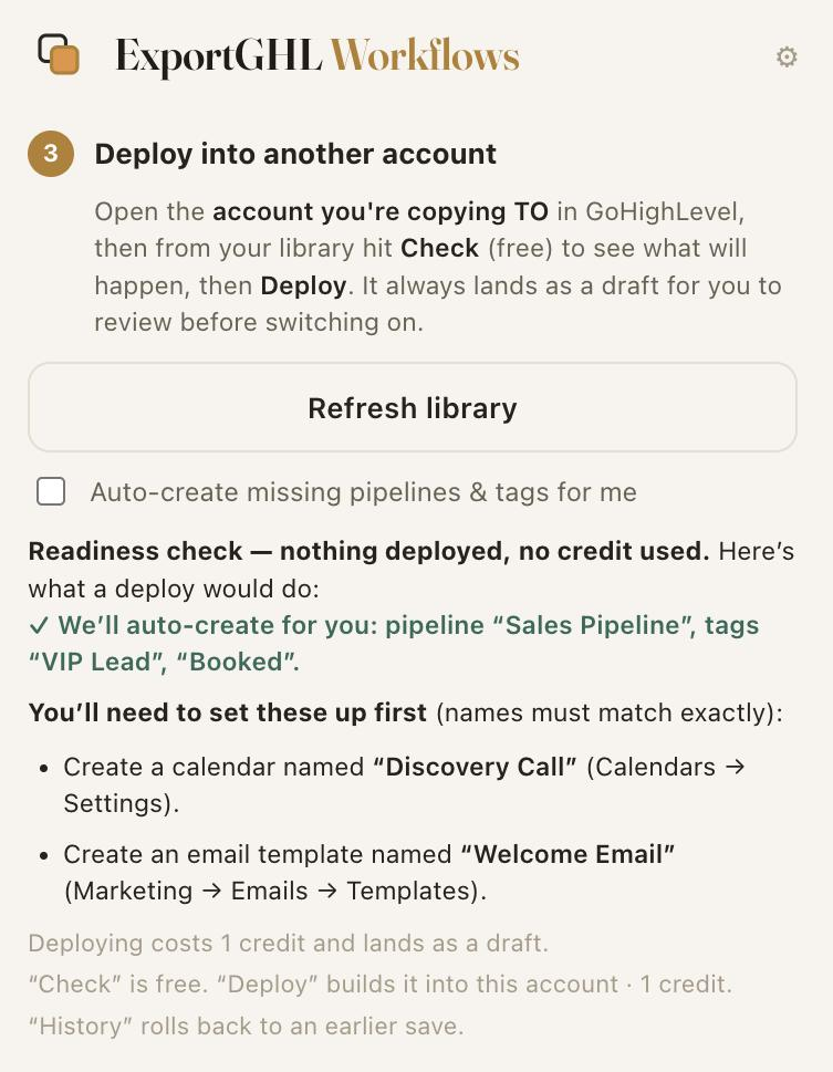 A readiness check listing what will auto-create and which assets to set up in the destination, before deploying